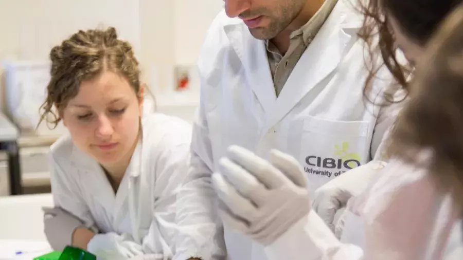 volto di giovane studentessa in laboratorio, guanti e camice